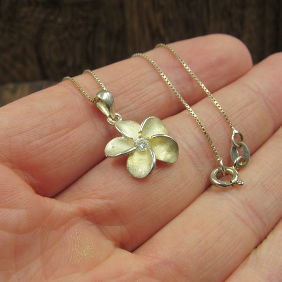 16" Sterling Silver Single Cubic Zirconia Flower Pendant Necklace Vintage - Picture 3 of 7
